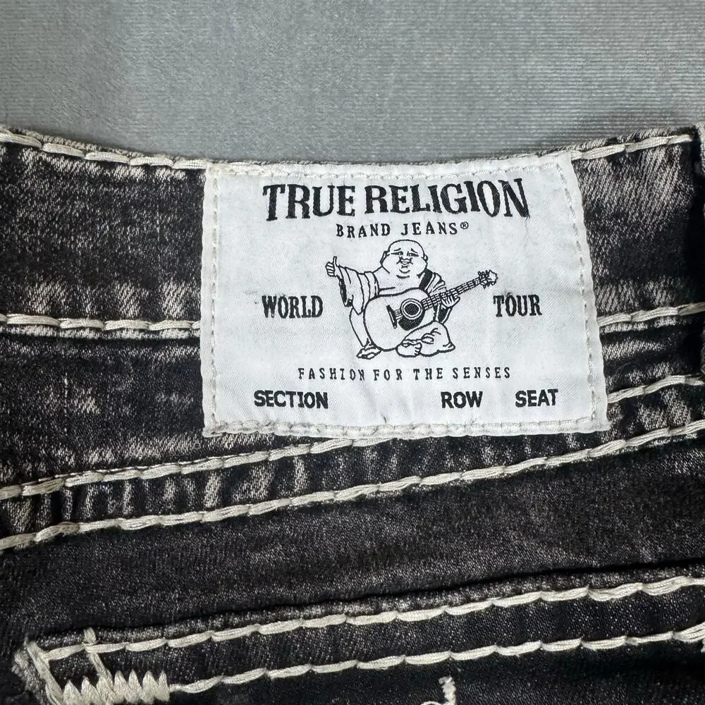 True Religion Ricky Relaxed Straight Acid Wash Black Jeans 33 Stitch